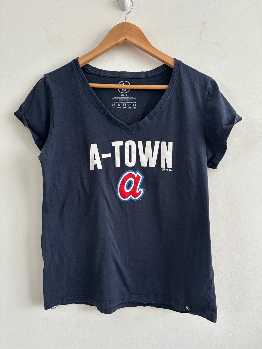 47 Women's Navy A-Town V-Neck Graphic Tee with Red Accent Atlanta Braves